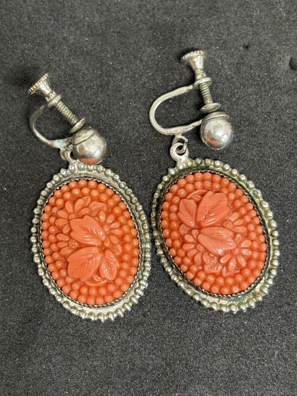 Antique Art Deco Enamel Blooming Flower Floral Czech Coral Peking Glass Earrings